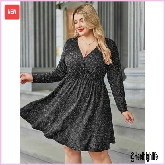 Plus Size Glitter Dress Long Sleeve V Neck Ruffle Hem Cocktail Party - Picture 3 of 8